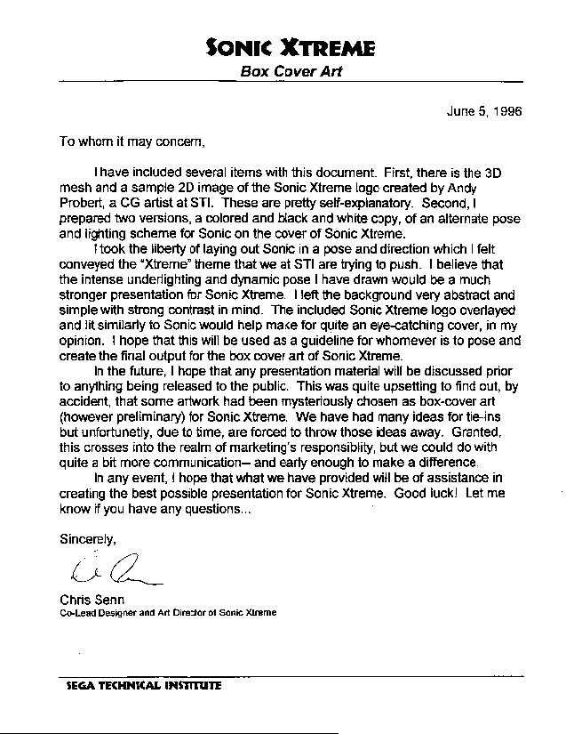 Sonic X-treme - Box Cover Letter